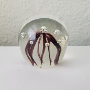 Vintage Art Glass Paperweight Controlled Bubbles with Brown Flower 2.5".